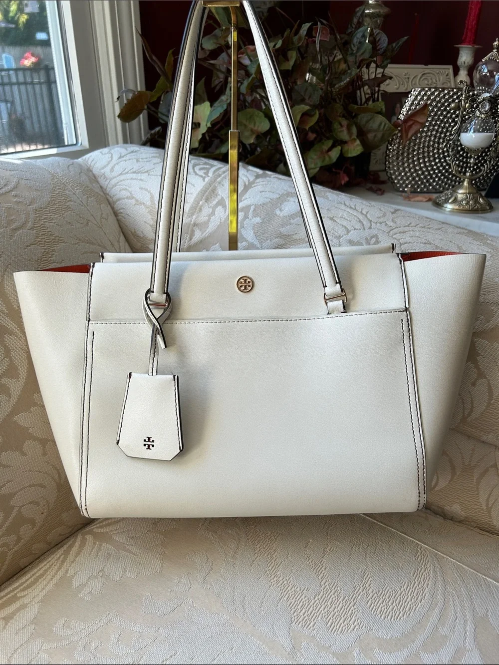 Tory Burch Robinson Cream Leather Double-Handle Tote with Gold Accents